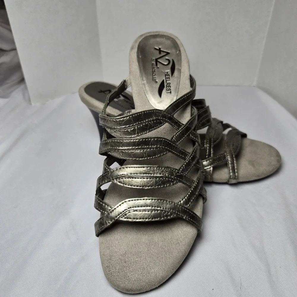 A2 Aerosoles Water Power Strappy Sandal Heels Womens 7 Pewter Silver‎ Neutral